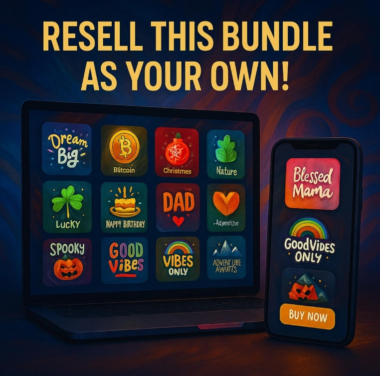 Promotional graphic with digital product bundle on laptop and phone, encouraging reselling. 