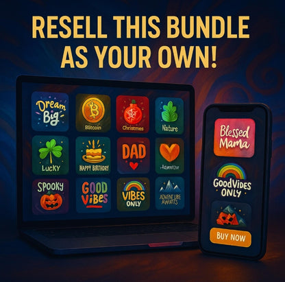Promotional graphic with digital product bundle on laptop and phone, encouraging reselling. 